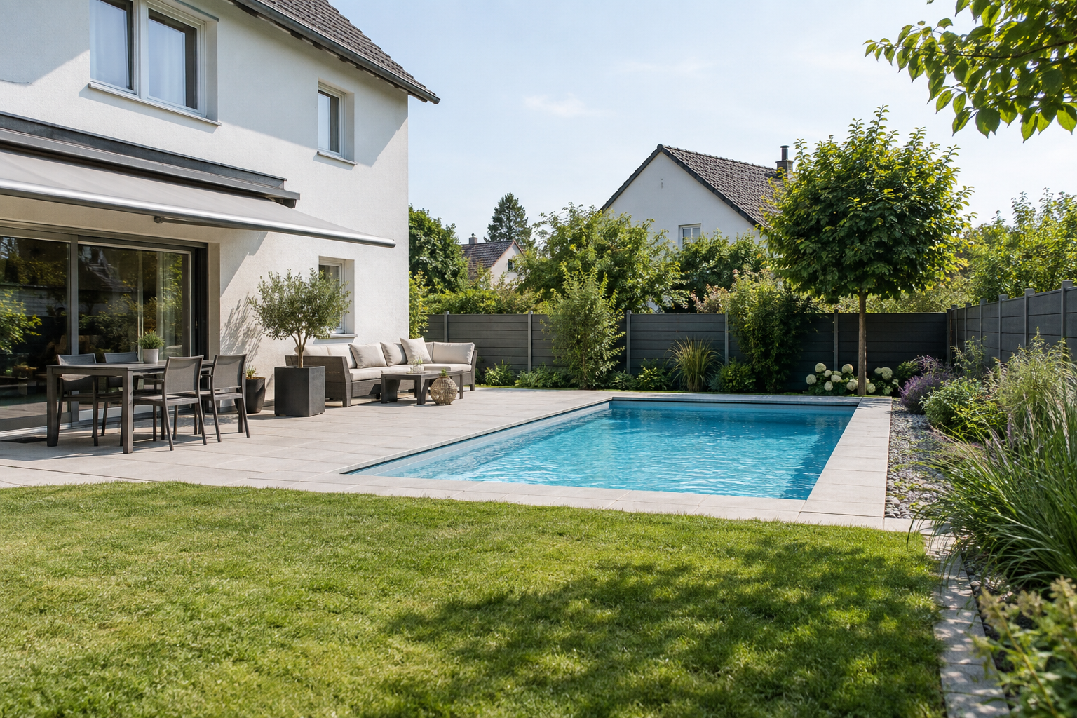 pool-garten-einfamilienhaus Rechteckpool in einem Einfamilienhausgarten